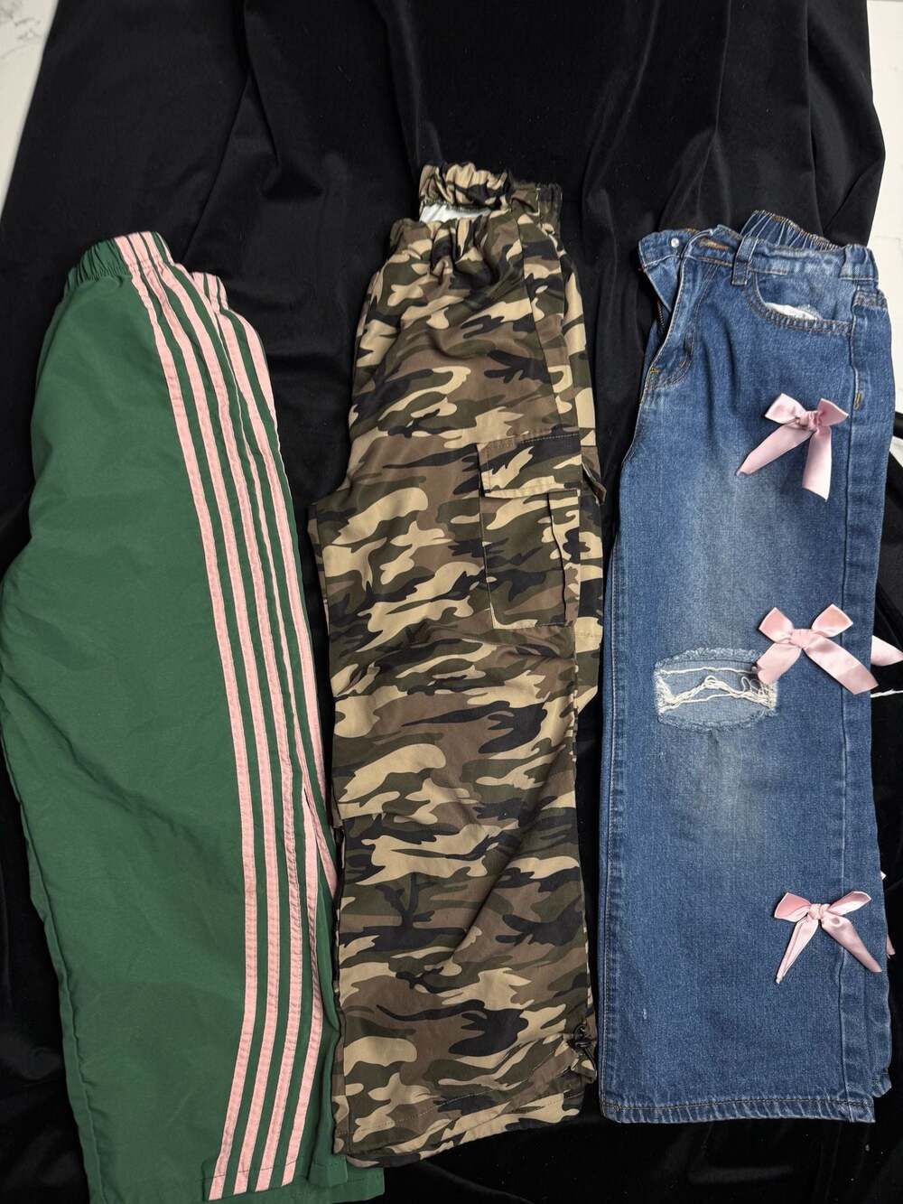 9y 3-Piece Bundle: Green/Pink Striped Joggers, Camo Cargo Pants,&  Bow Jeans